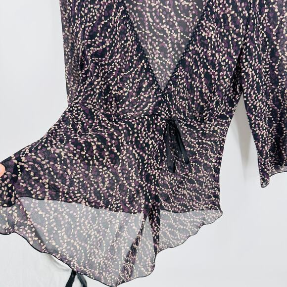 Vintage Byer California Y2K Sheer Tie-Front Blouse Black Purple Dot Print Size L - Picture 5 of 7